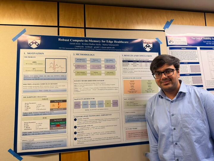 Girish standing next to the Robust Compute-in-Memory for Edge Healthcare poster